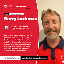 Congratulations to our March Volunteer of the Month, Barry Luckman from  Cooroora United Football Club 🎉 Thank you for all you do for the club,  Barry! 👏 Nominations for April are open