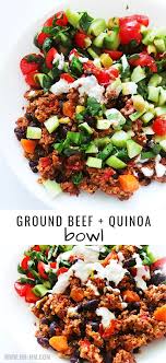 Healthy Salad Quinoa And Ground Beef Bowl With A Delicious Garlicky Sauce This Health Healthy Ground Beef Dinner With Ground Beef Ground Beef Recipes Healthy