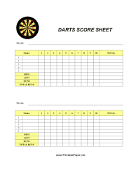 Printable Darts Score Sheet