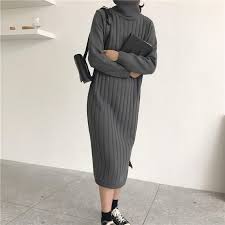 Autumn Winter Women Casual Korean Solid Sweater Dress Loose Turtleneck Knitted Dress Long Sleeve Split Long Sleeve Knit Dress Long Knitted Dress Solid Sweaters