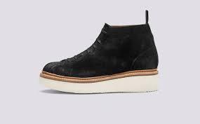 Black Boots White Sole Ladies Sheila Womens Monkey Boot In Black Burnishing Suede With A White Wedge Sole Grenson Shoes Side View