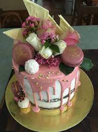 Pink Chocolate Drip Cake With Flowers And Macarons Drip Cakes Chocolate Birthday Cake Decoration Chocolate Cake Decoration
