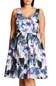 • choose a retro floral print dress for a romantic and dreamy wedding guest outfit. City Chic Luminous Floral Print Fit Flare Dress Plus Size Nordstrom Fit Flare Dress Curvy Size Fashion Dresses