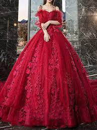 Die traditionelle hochzeit in weiß wird. Rote Prinzessin Brautkleider Tull Halbe Armel Brautkleid Applique Abendparty Kleider Milanoo Com