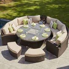Moda Furnishings 10 Seat Rattan Half Moon Sofa With Gas Firepit Homemade Outdoor Furniture Backyard Seating Area Outdoor Dining Table