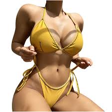 Fesfesfes Bikini Sets for Women High Waist Drawstring Lace Up Bottom V Neck  Padded Lace Up Spaghetti Straps Sling Bikini Top Two Piece Swimsuits Bikini  Set Summer Swimming Pool Party Bathing Suit -