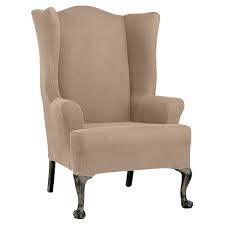 Cover for wing chair printed spandex stretch wingback chair slipcovers 2 piece set with elastic band. Stretch Twill Wing Chair Slipcover Taupe Sure Fit Target