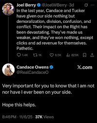 Candace Owens has officially outed herself. Apparently she was never really  on the Right. So … this was all a massive con to make conservatives look  bad? Wild.