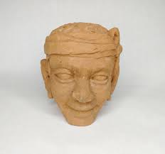 Hand Carved Terra Cotta Clay Man's Head Sculpture Folk Art