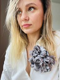 Large Silver Fabric Flower Brooch, Satin Pin Grey Rose, Flower Gift