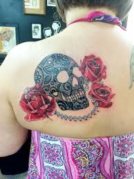 Black And White Realistic Sugar Skull Tattoo My 3 4 Black Lace Skull Tattoo Red Roses Pearls And Photo Realism By John Lloyd Lace Skull Tattoo Lace Tattoo Tattoo Designs