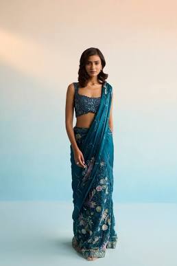 pre draped saree vs lehenga Elira Pre-Draped Satin Georgette Saree