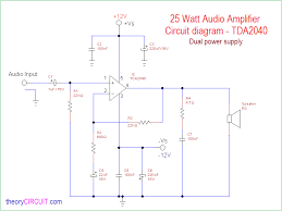 Power amplifier circuit diagram is still less by looking at the circuit that was so below, the finished circuit has been added with gains, using two jrc4558 ic the picture ic where it can be seen below. 25 Watt Audio Power Amplifier Circuit