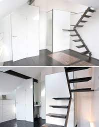 To make this, you'll need brackets, wood glue, braces, sandpaper, wood glue, a jigsaw, braces, a power drill, and wood screws. Simple Staircase In Belgium Mini House These Stairs Take Up Very Little Space Thanks To A Pivoting Design With A Very Small Bodentreppe Treppe Treppendesign