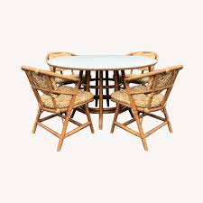 Antique inlaid bellflower mahogany georgian hepplewhite needlepoint accent chair. Vintage Bamboo Boho 5 Piece Dining Set Aptdeco