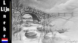 Hoe Teken Je Een Brug Met Waterval Met Houtskool En Wit Pastel Potlood Tekenpotlood Wolk Tekening Tekenen