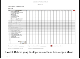 Sebagai contoh buku daftar kedatangan murid, kami telah menyediakan cetakan untuk mencetak buku daftar kedatangan walaubagaimanapun, apa yang guru boleh buat adalah, salin semula jadual ini di buku kedatangan murid. Rutin Bilik Darjah Rutin Bilik Darjah