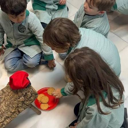 El nostre Caga Tió, s'havia cruspit totes les galetes que els havien deixat els infants de menjador d'infantil 3, així que avui, els encarregats de donar-li les galetes, han estat els nens