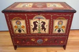 Blanket Box With Drawer Decorated In The Pennsylvania Dutch Style Featuring Unicorns Painted Wood Dimensions Painted Blanket Box Blanket Box Painted Trunk