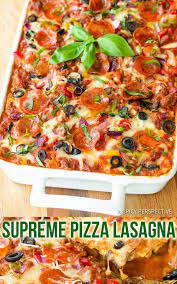 Supreme Pizza Lasagna A Fully Loaded Lasagna Recipe With Pepperoni Sausage Extra Cheese Olives And Tons Of Vegg Pizza Lasagna Supreme Pizza Lasagna Recipe