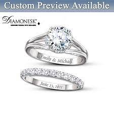 Diamonesk Bridal Ring Set With Engraved Names And Date Personalized Engagement Rings Wedding Ring Sets Unique Engagement Rings