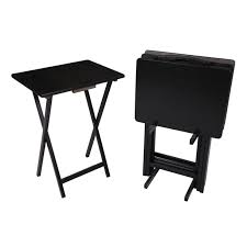 The stand has an ergonomic handle to ensure easy portability from one room to this tray table has a multifunctional design to enable you to use it as a tv stand, dining, table, or even study table depending on your needs. Mainstays Black 5 Piece Folding Tv Tray Table Set 4 Trays 1 Stand 19x15x26 Inch Walmart Com Walmart Com