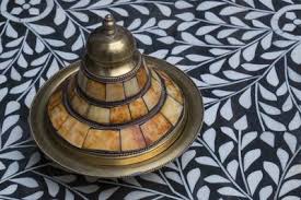 Great decorative moroccan gun powder flasks. Morocco Fes A Covered Brass Bowl With Inlay Of Camel Bone Sites On A Stone Inlay Table In A Shop Premium Photographic Print Brenda Tharp Art Com