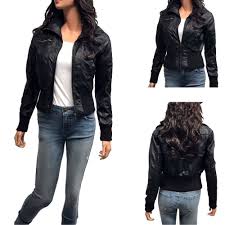 Women S Slim Tailoring Faux Leather Zipper Biker Pu Bomber Jacket S L Leather Zipper Jackets Bomber Jacket