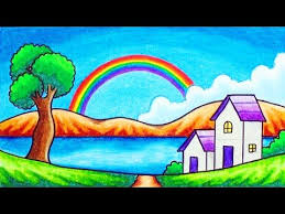 How To Draw Easy Scenery Drawing Rainbow In The Village Scenery Step By Step With Oil Pastels Youtub Easy Drawings Scenery Drawing For Kids Rainbow Drawing