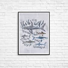 us 2 57 20 off shark type chart species art decor prints and poster watercolor sharks canvas painting prints boys nursery nautical wall decor in