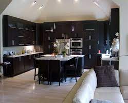 The light hardwood floor creates a wonderful contrast. Wood Kitchen Cabinets Dark Wood Kitchens Modern Black Kitchen
