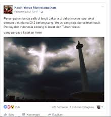 Yesus telah dipercaya oleh banyak orang menampkakkan dirinya kedalam banyak hal, berdasarkan data yang telah kami kumpulkan dari berbagai . Hoax Foto Monas Foto Pertama Indonesian Hoaxes Facebook