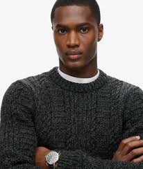 mens Jacob Cable Knit Jumper in Charcoal Black Twist
