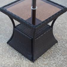 Patio Square Side Table With Glass Top And Umbrella Hole Made With All Weather Wicker And Steel In Hammered Matte Black 20l Side Table Square Side Table Wicker