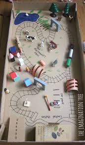 Train Tracks Small World In A Cardboard Box The Imagination Tree Crafts Crafts For Kids Cardboard Crafts