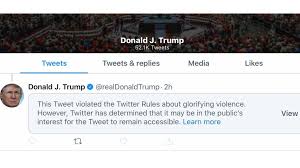 Donald trump better shape up, or twitter might have to actually do something about it. Twitter Hides Trump Tweet For Glorifying Violence Bbc News