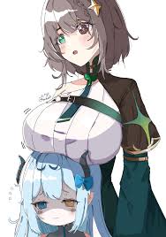 harukissed, akugaki koa, meica (vtuber), meica (vtuber) (1st costume), idol  corp, absurdres, highres, self-upload, 2girls, black shrug, blue eyes,  breasts, confused, dress, green dress, green eyes, hair ornament, hair  ribbon, heterochromia, horns,