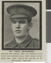 Studio portrait of 1359 Private Frederick McGlashan, 18th Battalion of  Lidcombe, NSW. A metal ...