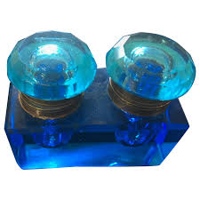 Vintage Rare Late 19th Century Light Blue Crystal Inkwell Inkwell Blue Crystals Glass Collection