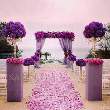 Violet Purple Fuschia Pink Outside Wedding Venue Aisle Full Of Rose Petals White Chairs Gold Accents Casamento Noivado Vestido De Noiva