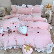Hide unsightly box springs and bed frames and enjoy stylish and playful pom pom trim. Korean Style 4pcs Duvet Cover Bed Skirt Pillowcases Ruffles Strawberry Embroidery Queen King Pink White And Red White Bed Set Bedding Sets Aliexpress