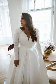 Mikado Wedding Dress Ester By Olivia Bottega Long Sleeve Wedding Dress Pockets On Skirt Deep Neckline Plus Size Civil Wedding Dresses Plus Wedding Dresses November Wedding Dresses