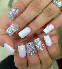 Nailsbyevon White Acrylic Nails With Glitter Silver Nails Square Acrylic Nails