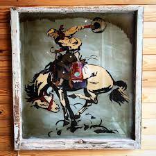 Reverse Painted On Glass In A Vintage Window Frame Art Paintedglass Vintagewindow Western Cowboy Buckinghorse Bronc Saddlebronc