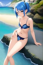 Anime Skinny Small Tits 50s Age Seductive Face Blue Hair Pixie Hair Style  Light Skin Painting Beach Side View T Pose Lingerie 3664249634578457494 