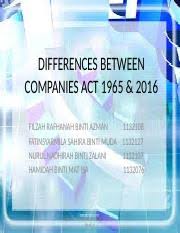Suruhanjaya syarikat malaysia, abbreviated ssm), is a statutory body formed under an act of parliament that regulates corporate and business affairs in malaysia. Differences Between Companies Act 1965 2016 Differences Between Companies Act 1965 2016 Filzah Rafhanah Binti Azman 1132108 Fatinsyarmila Sahira Binti Course Hero