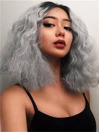 Black And Grey Lace Front Wig Short Black To Grey Bob Curly Shaun Synthetic Lace Front Wig