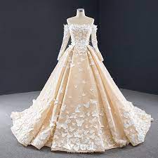 Das brautkleid geschäft innerhalb des städtedreieckes lingen. Luxus Herrlich Champagner Spitze Schmetterling Brautkleider Hochzeitskleider 2020 A Linie Off Shoulder Lange Armel Ruckenfreies Kapelle