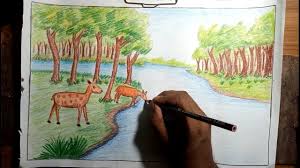 How To Draw Forest Scenery With Animals Step By Step Easy Forest Scenery Drawings Animals