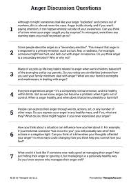 Anger Discussion Questions Worksheet Therapist Aid Anger Management Therapy Worksheets Anger Management Activities